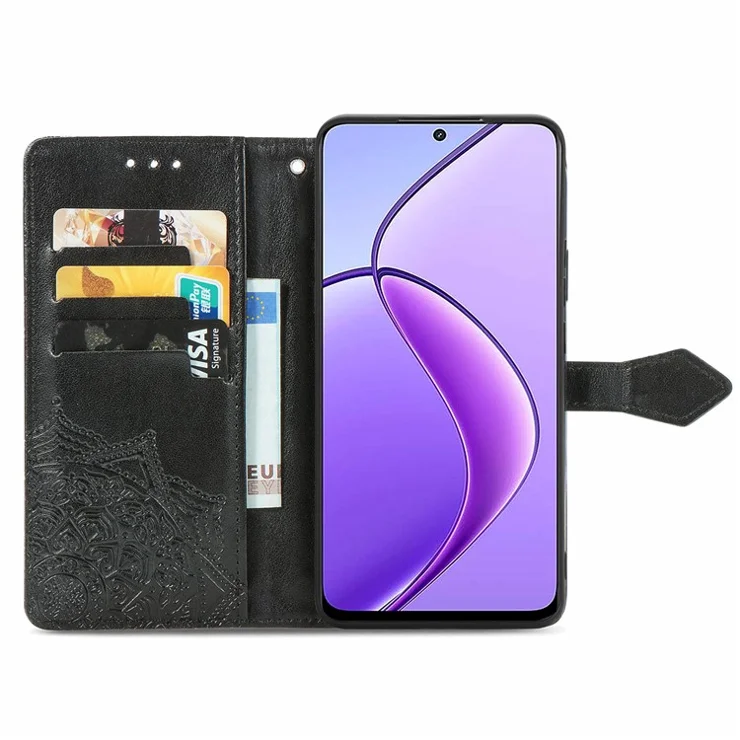 For Oppo Reno12 F 5G Wallet Case Mandala Flower Leather Phone Cover Stand View - Black