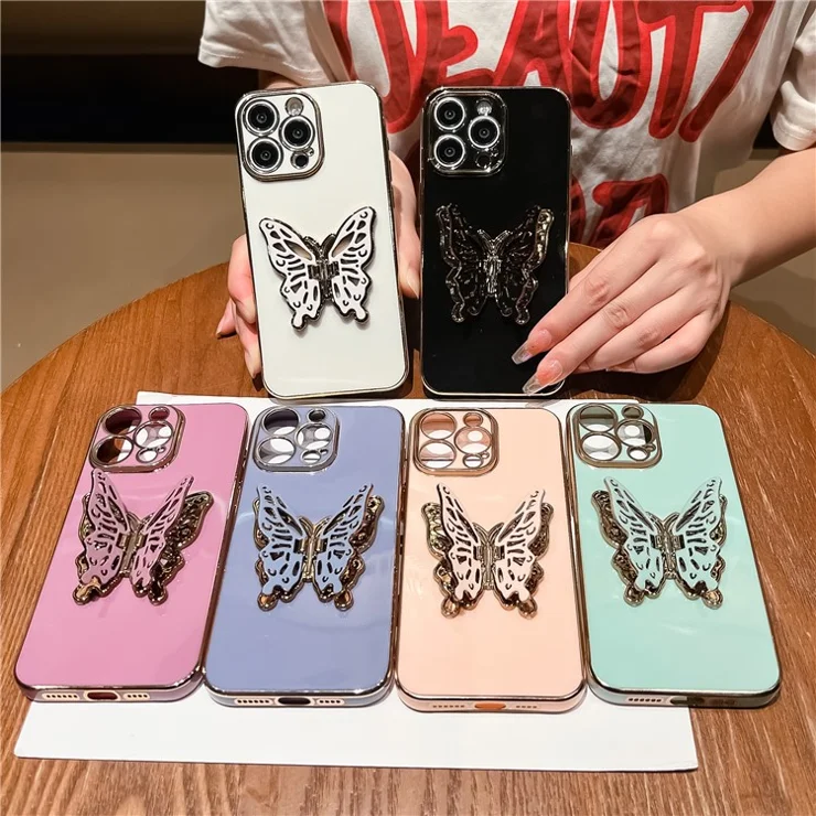 For iPhone 16 Pro Max Case Butterfly Kickstand TPU Electroplating Phone Cover - Cyan