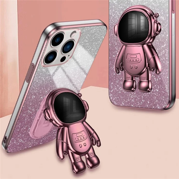 For iPhone 16 Pro Case with Astronaut Kickstand PC+TPU Phone Cover Shiny Glitter - Pink