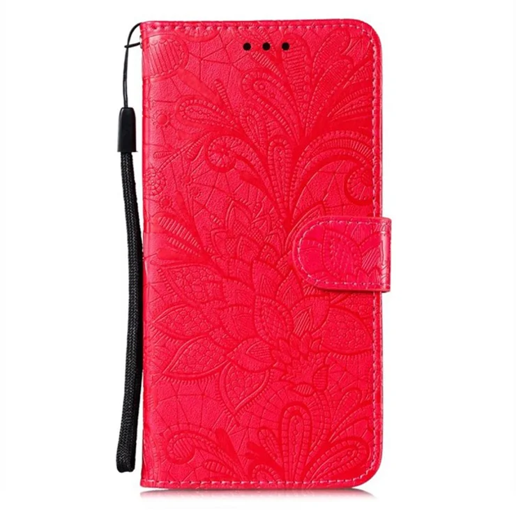 For Motorola Moto G14 4G Case Lace Flowers PU Leather Flip Wallet Phone Cover - Red