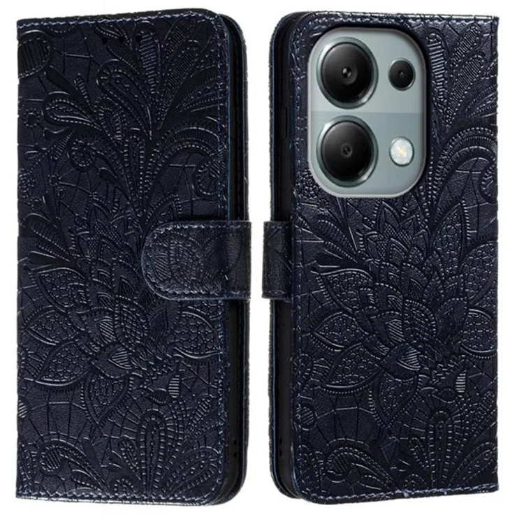 For Xiaomi Redmi Note 13 Pro 4G / Poco M6 Pro 4G Case Lace Flowers PU Leather Flip Wallet Phone Cover - Black