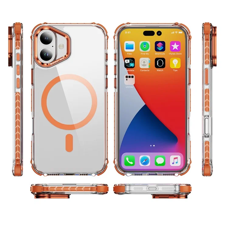 For iPhone 16 Plus Clear Phone Case with Lens Kickstand Cover Compatible with MagSafe - Orange