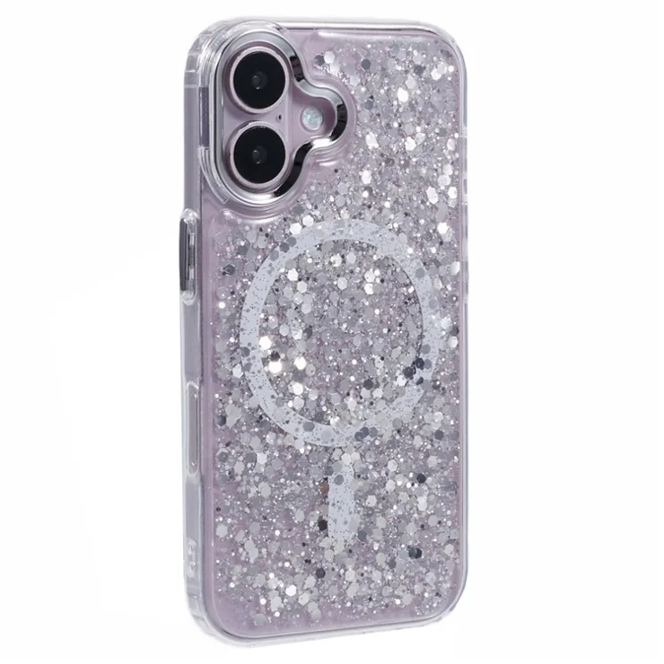 For iPhone 16 Plus Case Compatible with MagSafe Glitter Sequin Epoxy TPU+Acrylic Phone Cover - White