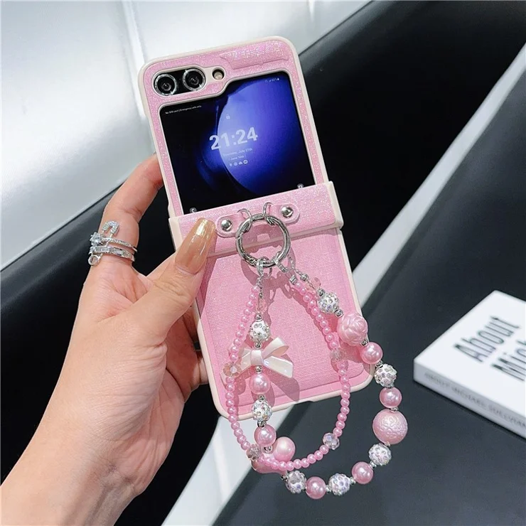 For Samsung Galaxy Z Flip6 5G Case Hinge Protection Leather+PC Phone Cover with Beaded Strap - Pink