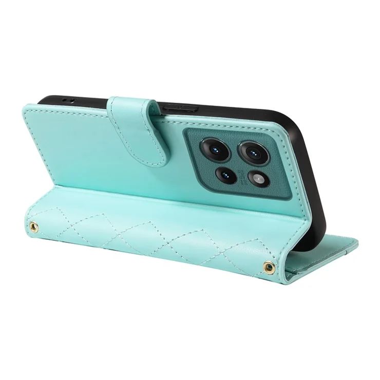 For Motorola Edge 50 5G Case Wallet Rhombus Leather Phone Cover with Shoulder Strap, Wrist Strap - Green