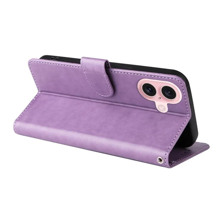 For iPhone 16 Leather Case Butterfly Floral Imprint Wallet Stand Cover - Purple
