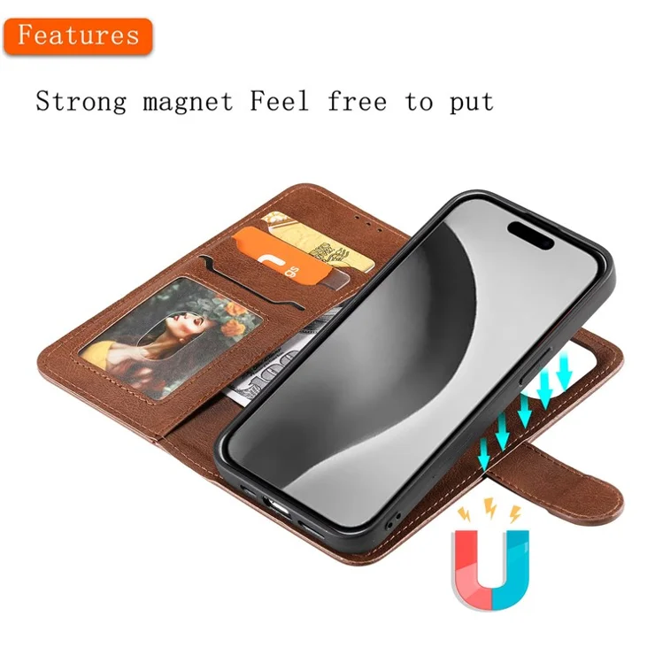 For iPhone 16 Pro Max Case 2 in 1 Detachable Magnetic Leather Wallet Mobile Cover with Strap - Brown
