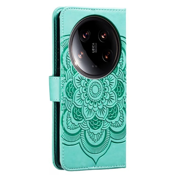 For Xiaomi 14 Ultra Case PU Leather Mandala Imprinted Design Wallet Phone Cover - Green