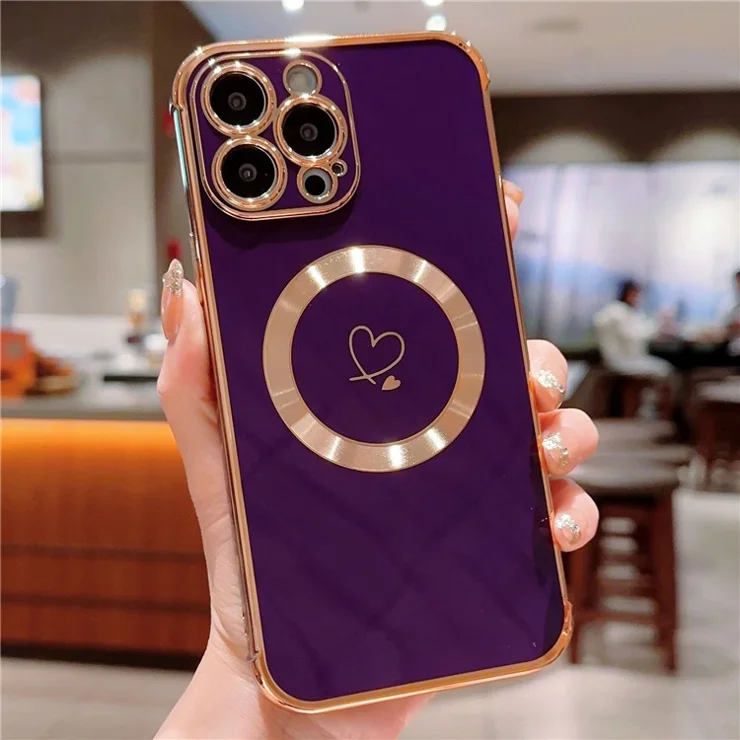 For iPhone 14 Pro Max Case Compatible with MagSafe Electroplated TPU Phone Cover Hollow Love Hearts - Dark Purple