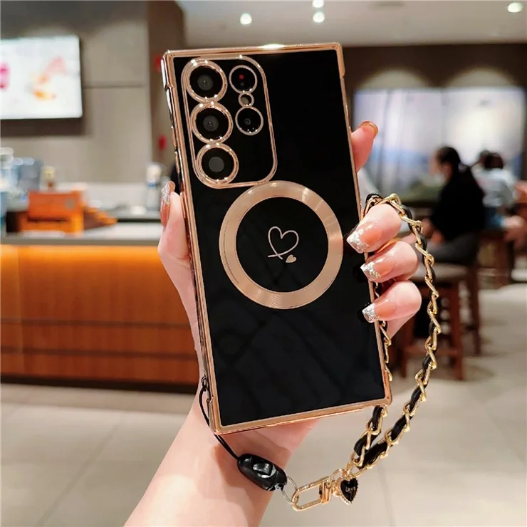 For Samsung Galaxy S24 Ultra Case Compatible with MagSafe Electroplated Love Hearts TPU Phone Cover with Chain Strap - Black