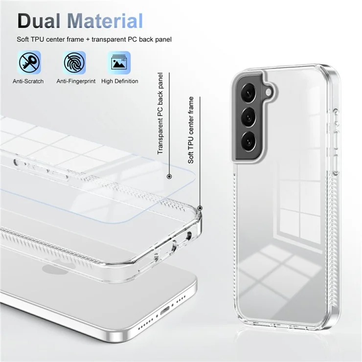 For Samsung Galaxy S22 5G Clear Phone Case TPU PC Anti-Slip Drop-Proof Back Cover - Transparent