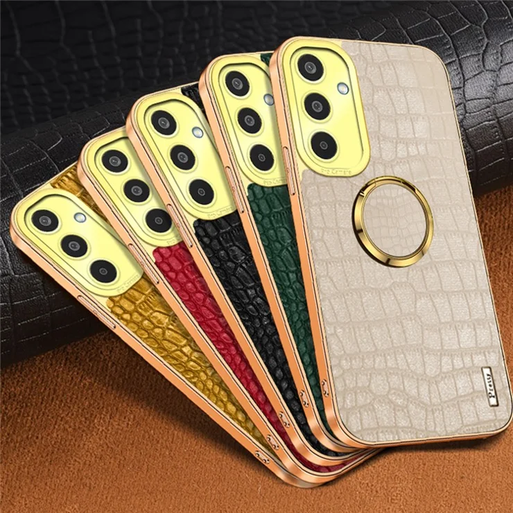 For Samsung Galaxy M35 5G Case Finger Ring Kickstand TPU+Leather 6D Electroplating Phone Cover - White