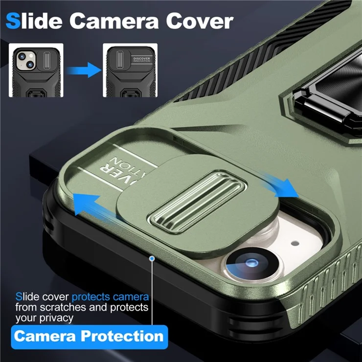 For iPhone 15 Plus / 14 Plus Case Camshield Kickstand TPU+PC Anti-Slip Phone Cover - Green