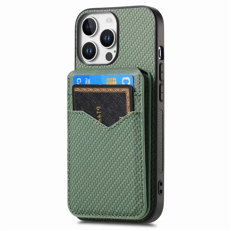 For iPhone 16 Pro Max Magnetic Case Carbon Fiber Texture Back Cover with Detachable Card Holder - Green
