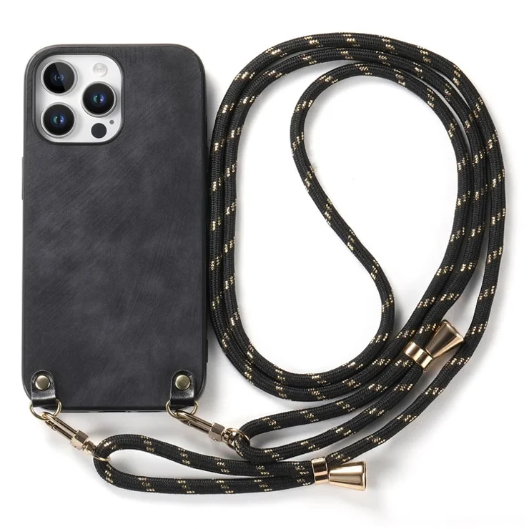For iPhone 16 Pro Case Retro Texture Leather Coated PC+TPU Phone Cover with Hanging Rope - Black