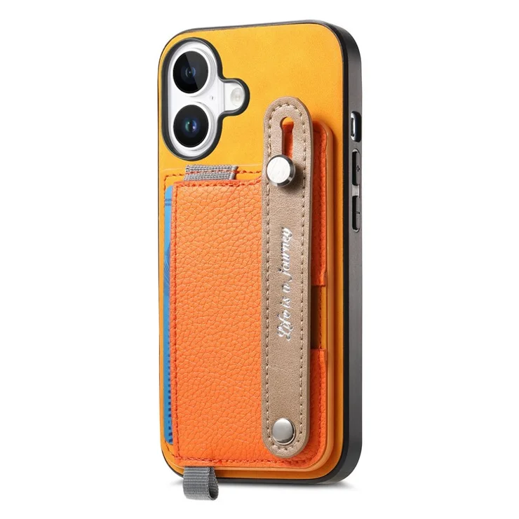 For iPhone 16 Plus Magnetic Leather Back Case with Detachable Card Holder and Wristband - Orange