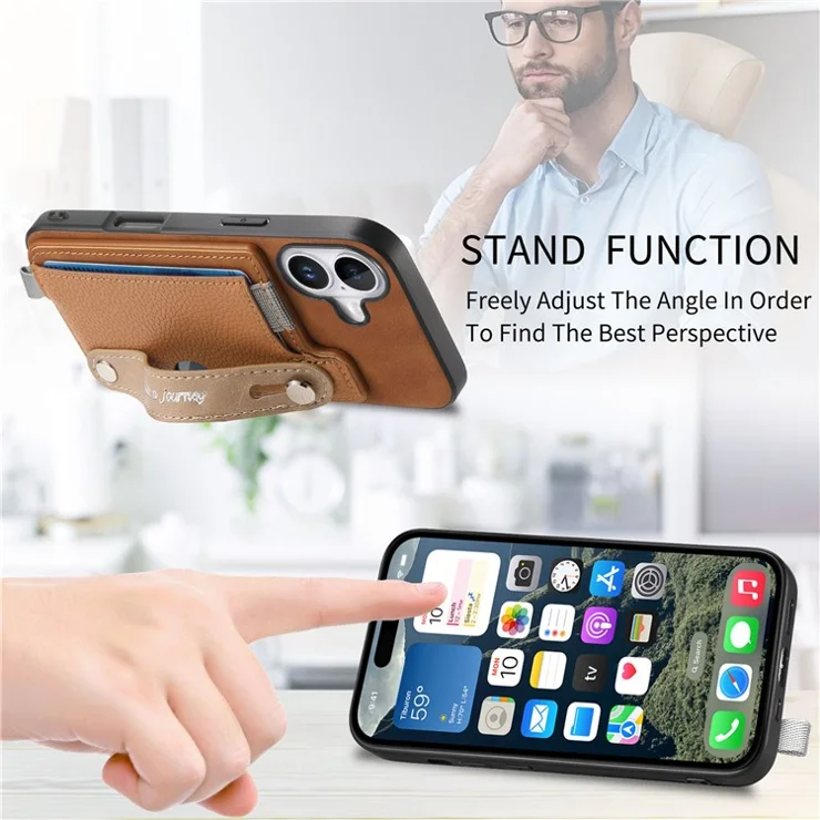 For iPhone 16 Plus Magnetic Leather Back Case with Detachable Card Holder and Wristband - Brown