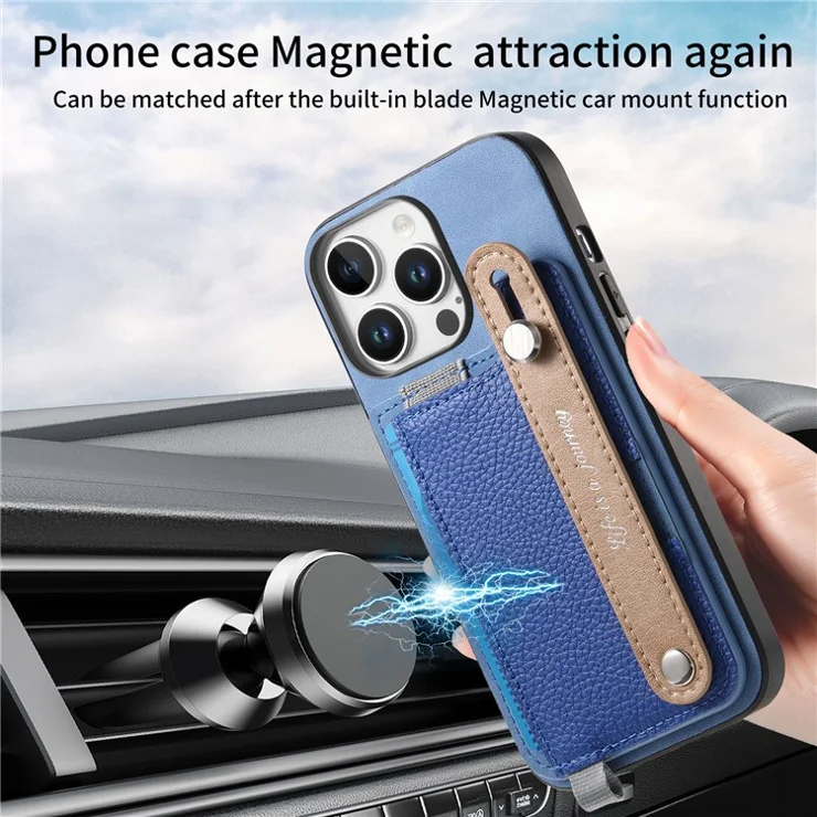 For iPhone 16 Pro Max Magnetic Leather Back Case with Detachable Card Holder and Wristband - Blue