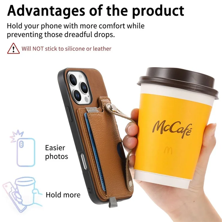 For iPhone 16 Pro Max Magnetic Leather Back Case with Detachable Card Holder and Wristband - Brown