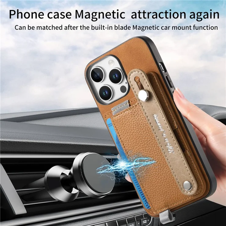 For iPhone 16 Pro Max Magnetic Leather Back Case with Detachable Card Holder and Wristband - Brown