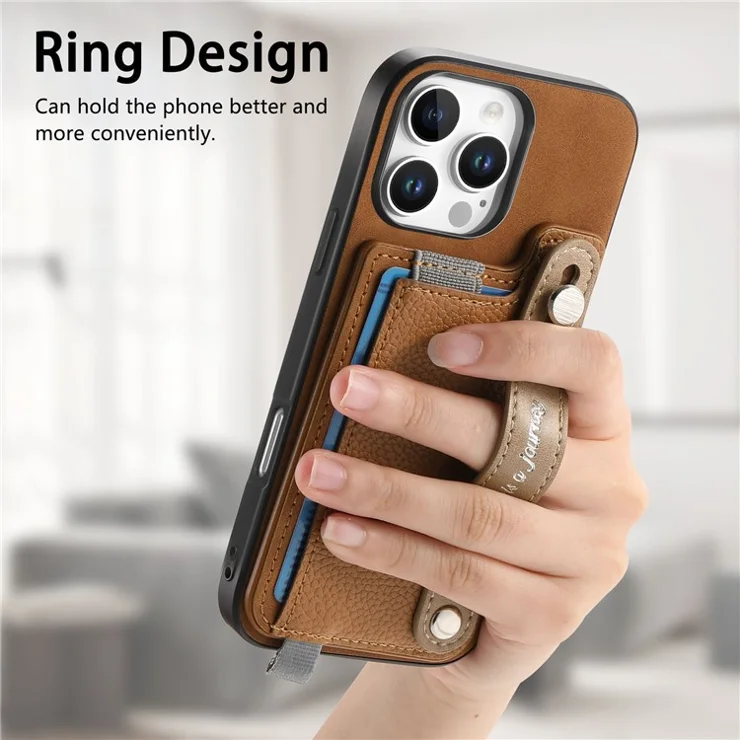 For iPhone 16 Pro Max Magnetic Leather Back Case with Detachable Card Holder and Wristband - Brown