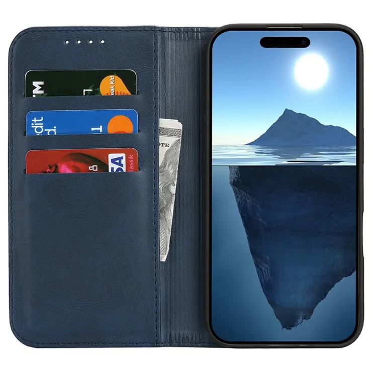 For iPhone 16 Pro Max Case PU Leather Calf Textured Magnetic Closing Smart Phone Cover - Dark Blue
