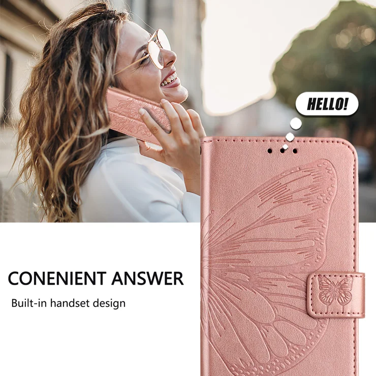 For Samsung Galaxy A06 4G Wallet Case with Wrist Strap Butterfly Imprint Leather Phone Cover - Rose Gold