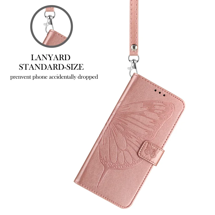 For Samsung Galaxy A16 5G / A16 4G Wallet Case with Wrist Strap Butterfly Imprint Leather Phone Cover - Rose Gold