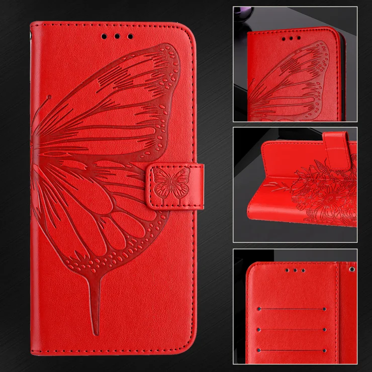For Xiaomi 14T Pro Wallet Case with Wrist Strap Butterfly Imprint Leather Phone Cover - Red