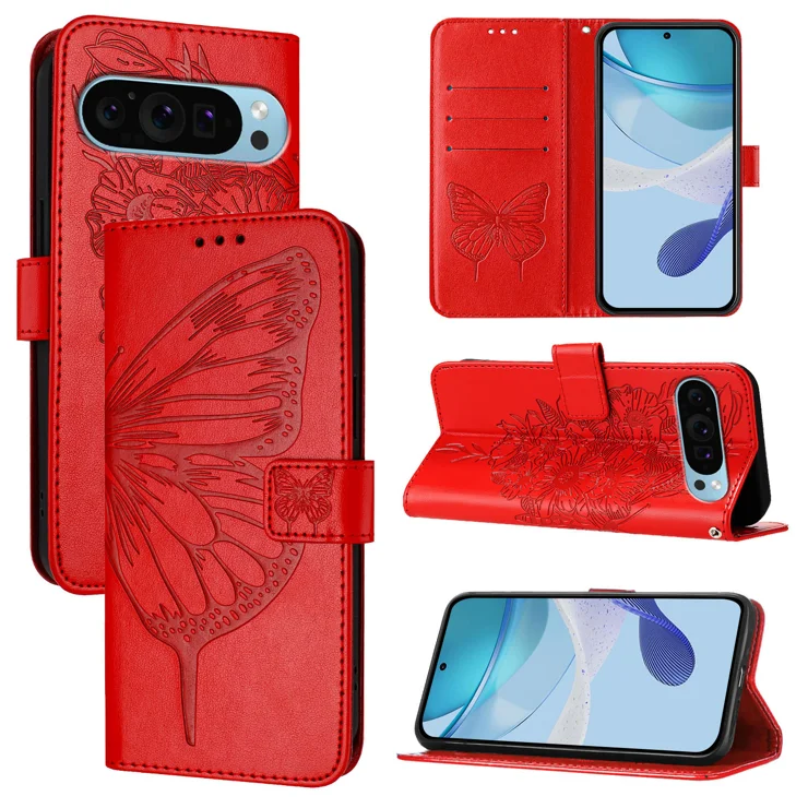 For Google Pixel 9 Pro XL Wallet Case with Wrist Strap Butterfly Imprint Leather Phone Cover - Red