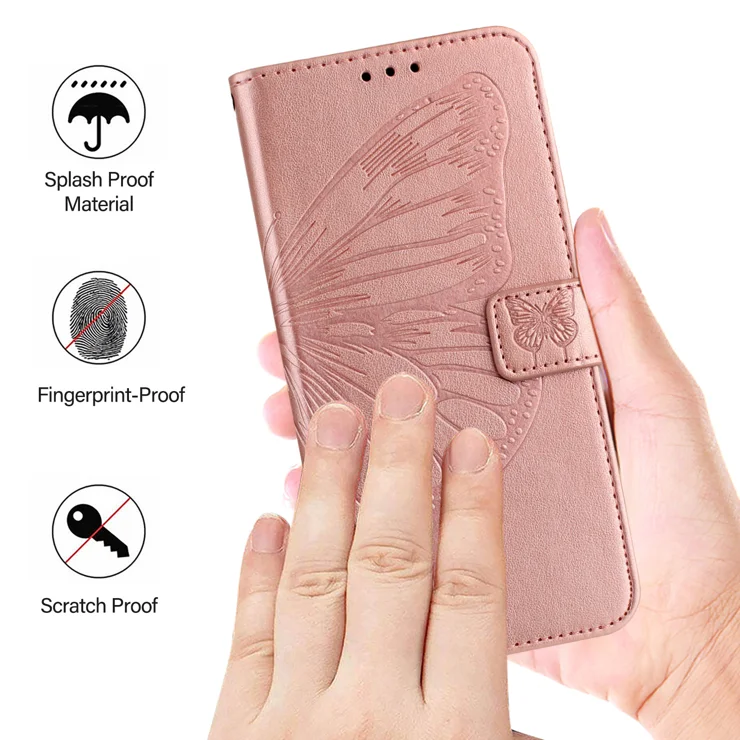 For OnePlus Nord CE4 Lite 5G Wallet Case with Wrist Strap Butterfly Imprint Leather Phone Cover - Rose Gold