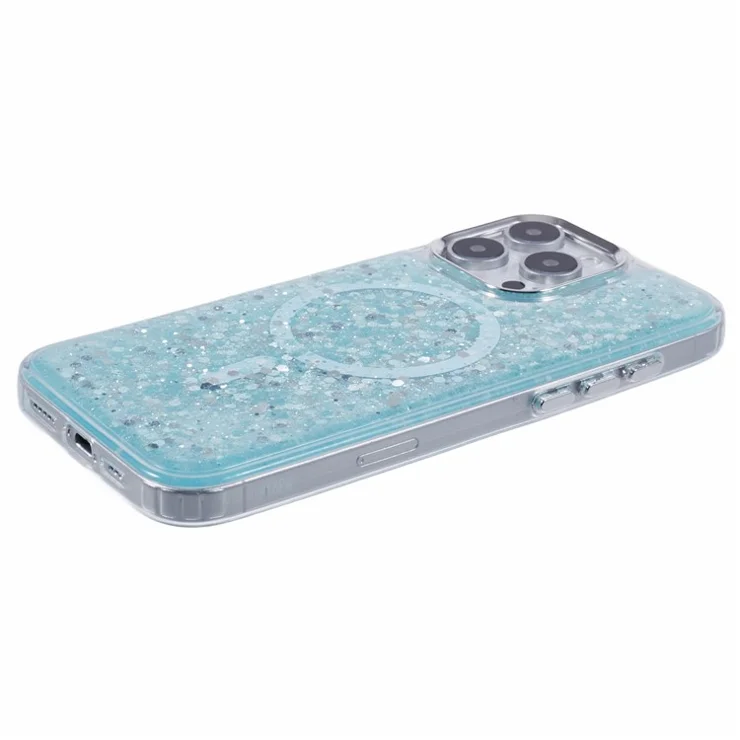 For iPhone 16 Pro Case Compatible with MagSafe Glitter Sequin Epoxy TPU+Acrylic Phone Cover - Light Green
