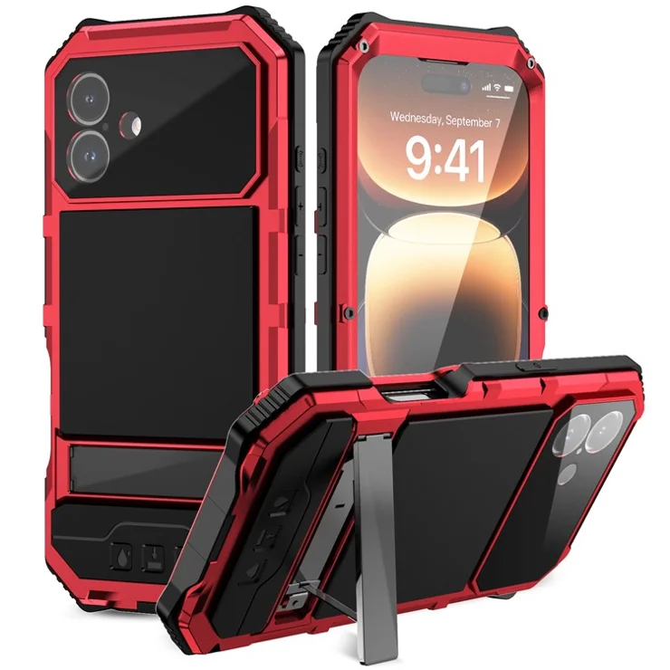 R-JUST For iPhone 16 Plus Case PC+Silicone+Metal Kickstand Phone Cover with Tempered Glass Film - Red