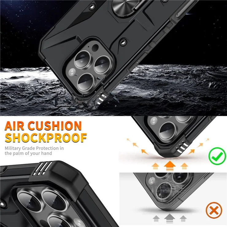 For iPhone 16 Pro Max Case PC+ TPU Anti-drop Phone Cover with Ring Kickstand - Black