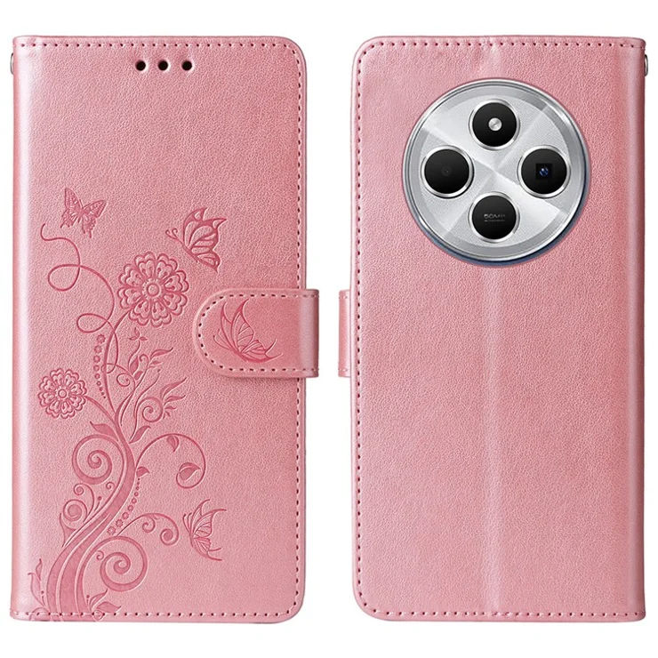 For Xiaomi Poco C75 4G / Poco M7 5G / Redmi A3 Pro 4G / 14R 5G / A4 5G / 14C 5G / 14C 4G Leather Case Butterfly Floral Imprint Wallet Stand - Pink
