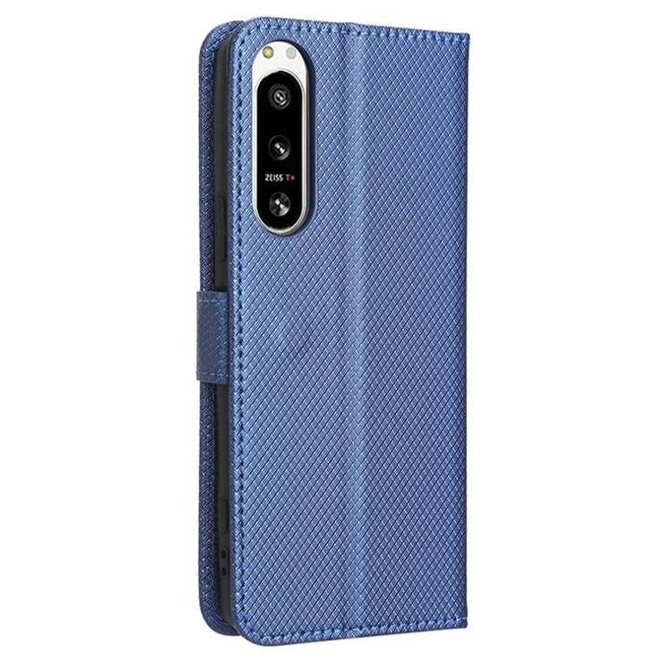 For Sony Xperia 5 IV 5G Dustproof PU Leather Stand Case Diamond Texture Phone Wallet Cover - Blue