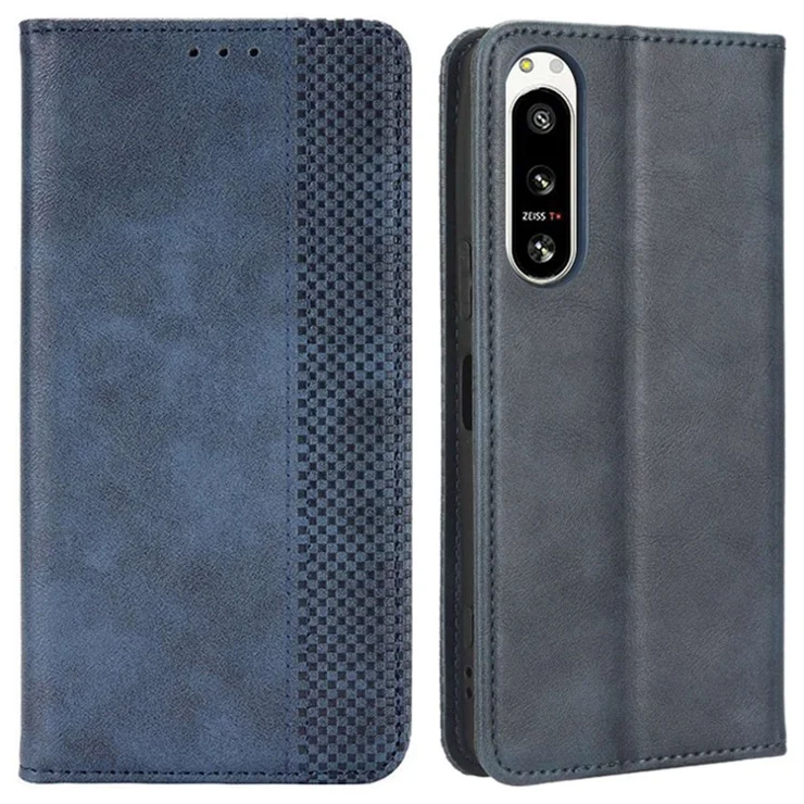 For Sony Xperia 5 IV 5G Vintage Texture Magnetic Auto-absorbed PU Leather Case Wallet Stand Phone Cover - Blue