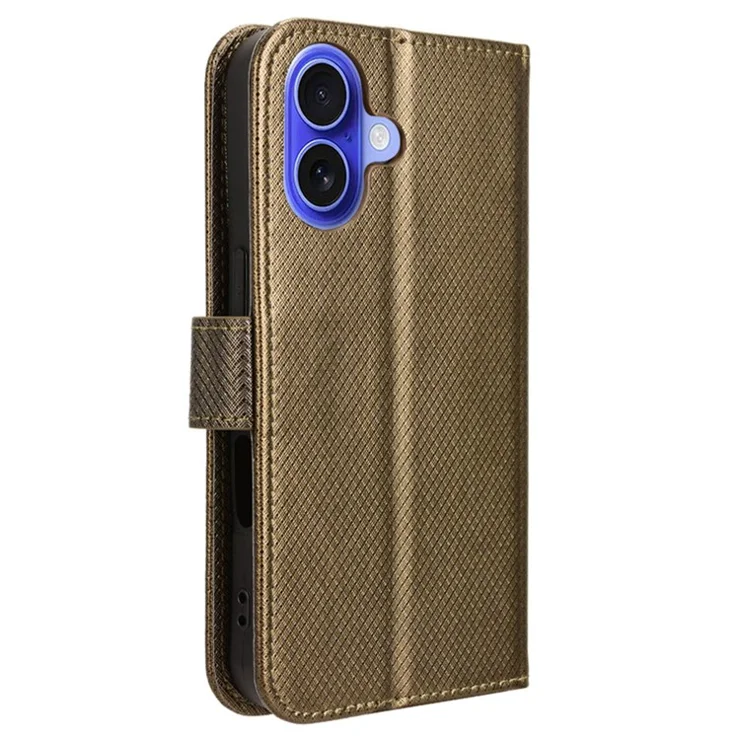 For iPhone 16 Plus Case PU Leather Diamond Texture Wallet Phone Cover - Brown