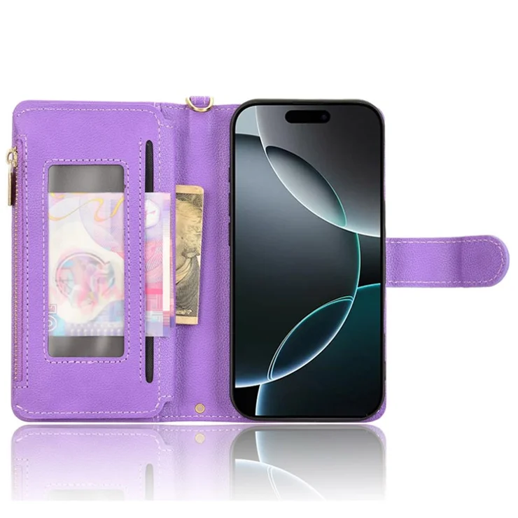For iPhone 16 Pro Leather Case Zipper Pocket Phone Cover with 2 Straps - Purple