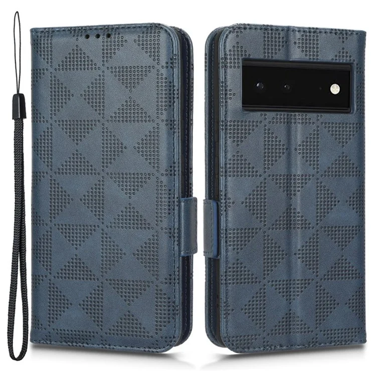 Cell Phone Case for Google Pixel 6, Imprinted Triangle Stand Anti-scratch Wallet PU Leather Cover with Strap - Blue