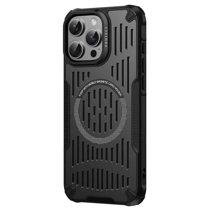 For iPhone 16 Pro Case Heat Dissipation Hollow Magnetic Anti-Drop TPU+PC Phone Cover Compatible with Magsafe - Black