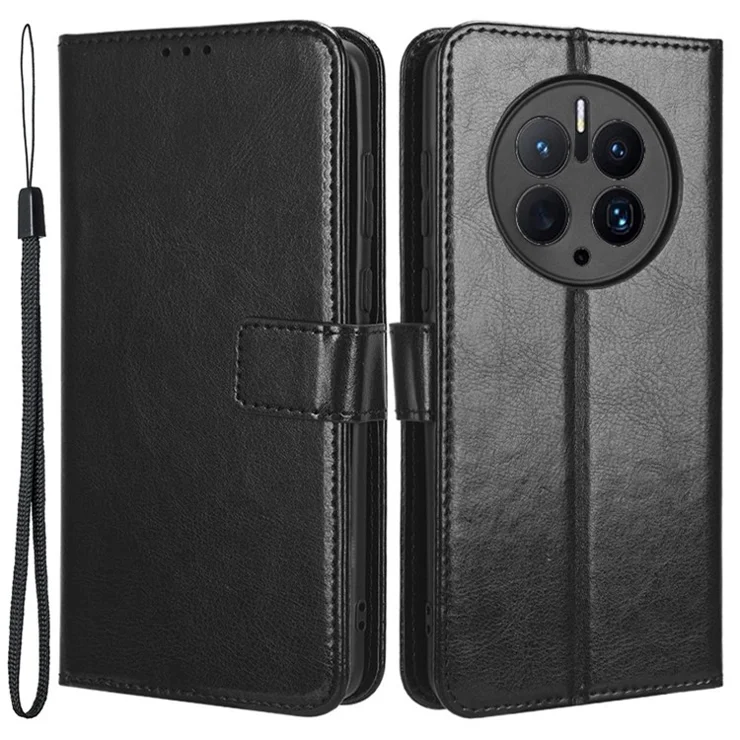 For Huawei Mate 50 Pro 4G Crazy Horse Texture Folio Flip PU Leather Anti-fingerprint Case Stand Wallet Phone Cover - Black