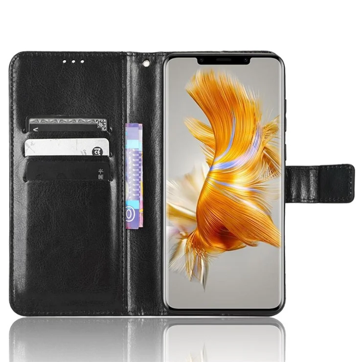 For Huawei Mate 50 Pro 4G Crazy Horse Texture Folio Flip PU Leather Anti-fingerprint Case Stand Wallet Phone Cover - Black