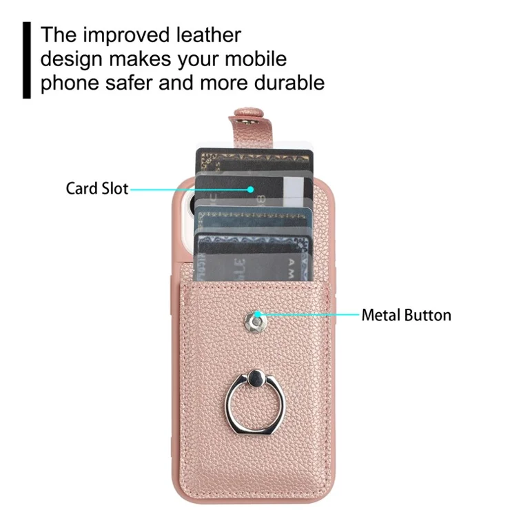 For iPhone 14 / 13 Case Drawing Type Card Slots Litchi Texture Leather Back Cover with Ring Kickstand - Black