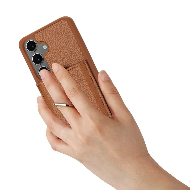 For Samsung Galaxy S24 Case Drawing Type Card Slots Litchi Texture Leather Back Cover with Ring Kickstand - Brown