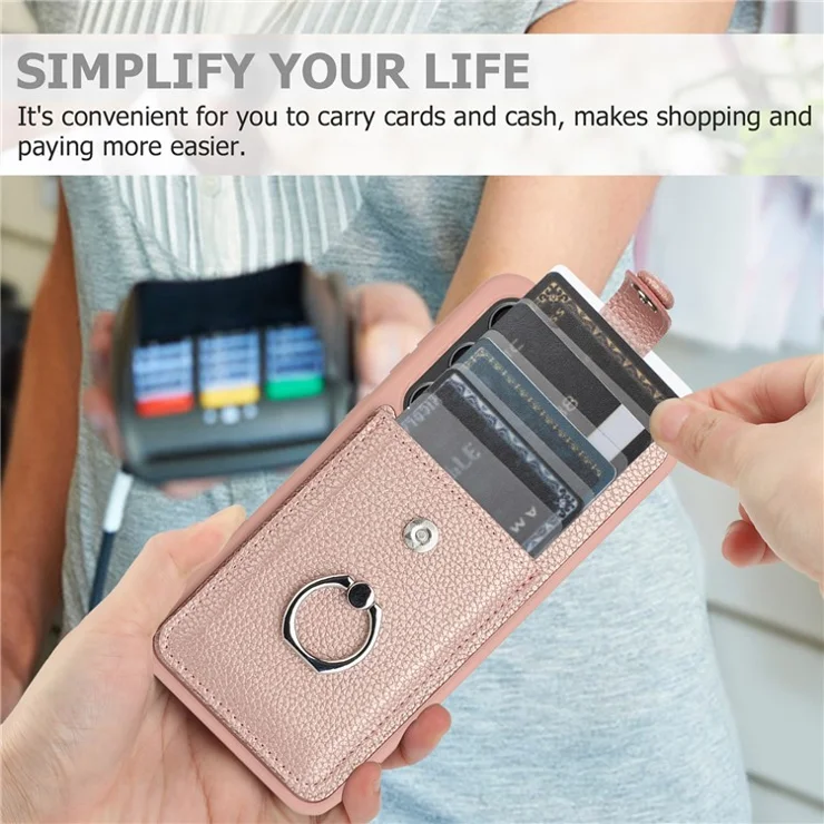 For Samsung Galaxy A54 5G Case Drawing Type Card Slots Litchi Texture Leather Back Cover with Ring Kickstand - Brown