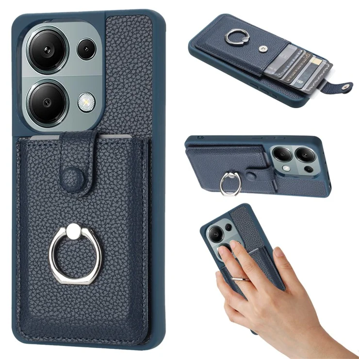 For Xiaomi Poco M6 Pro 4G / Redmi Note 13 Pro 4G Case Drawing Type Card Slots Litchi Texture Leather Back Cover with Ring Kickstand - Blue
