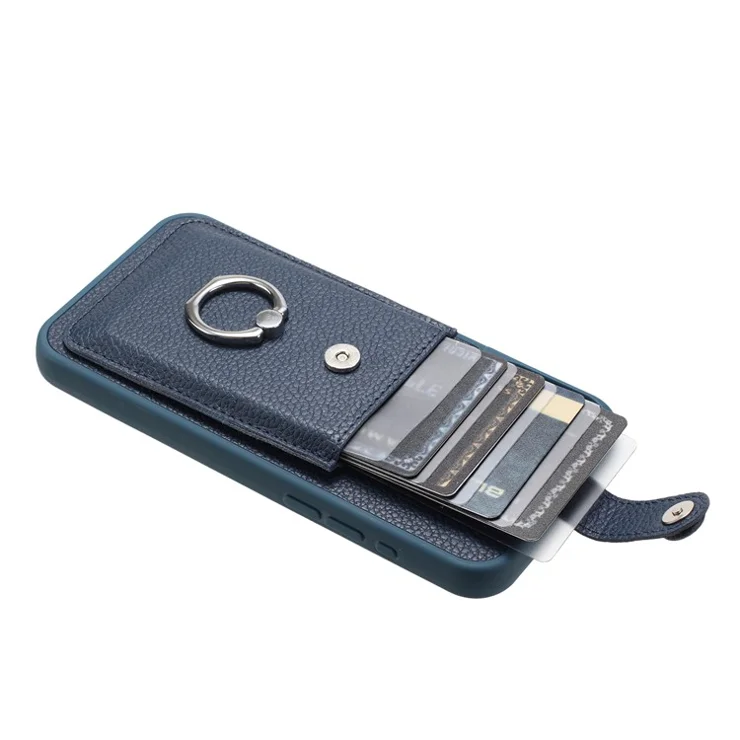For Xiaomi Redmi Note 13 4G Case Drawing Type Card Slots Litchi Texture Leather Back Cover with Ring Kickstand - Blue