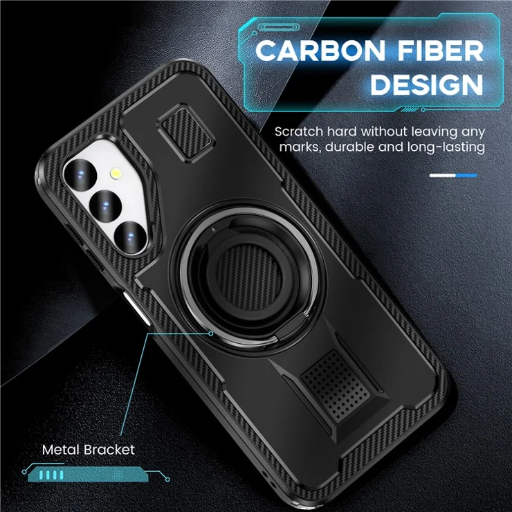 For Samsung Galaxy A24 4G (162.1 x 77.6 x 8.3mm) Case TPU+PC Kickstand Phone Cover with Silicone Finger Strap - Black
