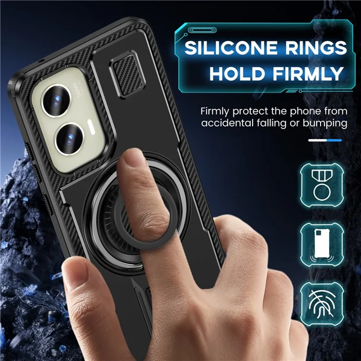 For Motorola Moto G Stylus 5G (2024) Case TPU+PC Kickstand Phone Cover with Silicone Finger Strap - Black